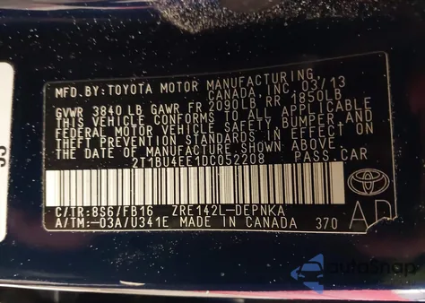 2013 Toyota Corolla Base from USA, damaged, VIN 2T1BU4EE1DC052208